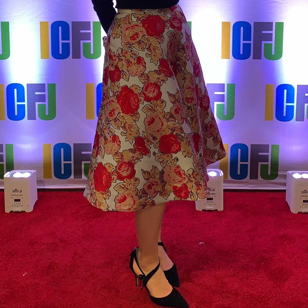 Anthropologie Red Rose Jacquard Skirt